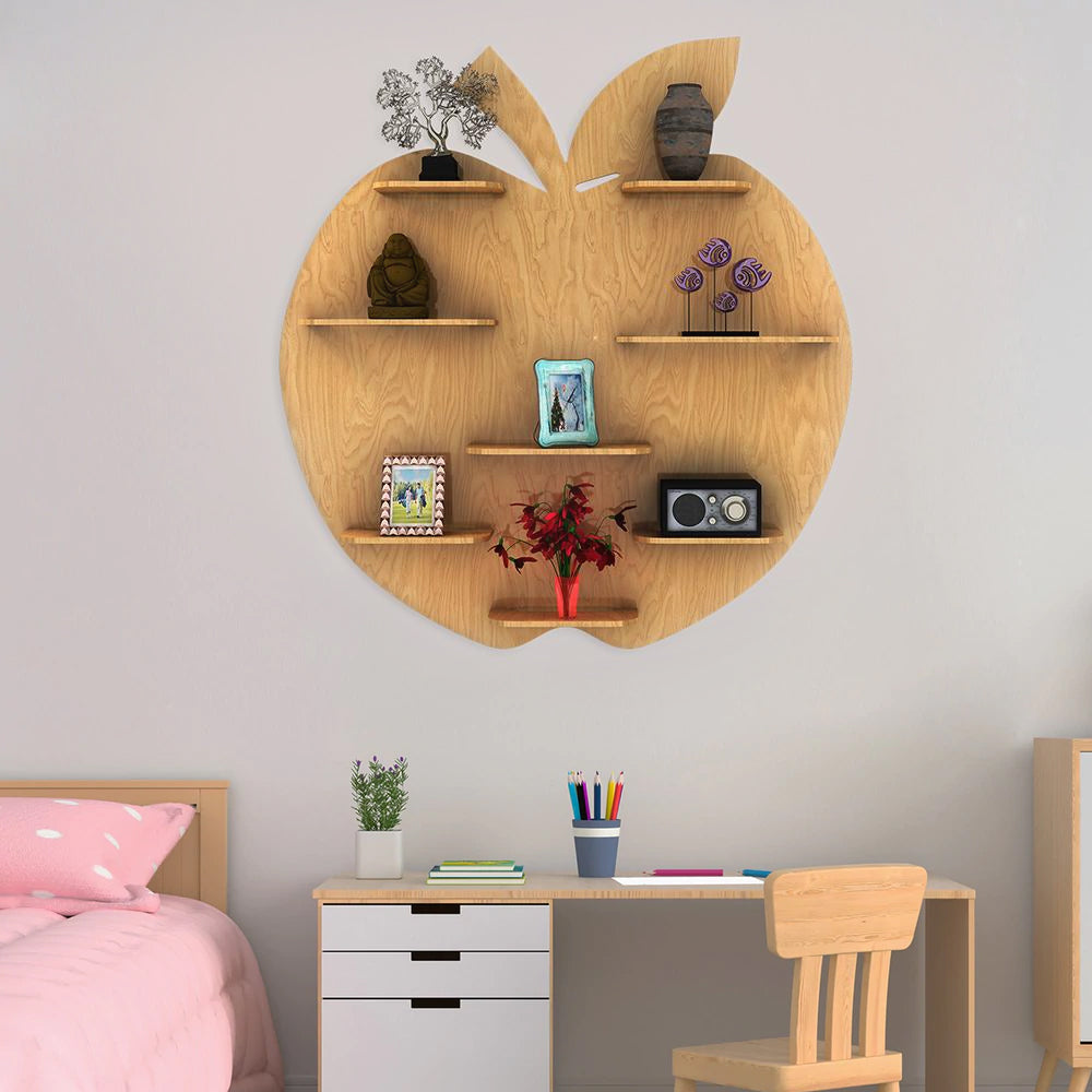 Apple Shape Backlit Designer Wooden Wall Shelf / Book Shelf / Night Light, Light Oak Finish