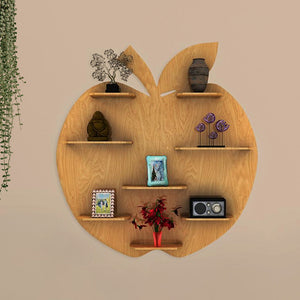 Apple Shape Backlit Designer Wooden Wall Shelf / Book Shelf / Night Light, Light Oak Finish