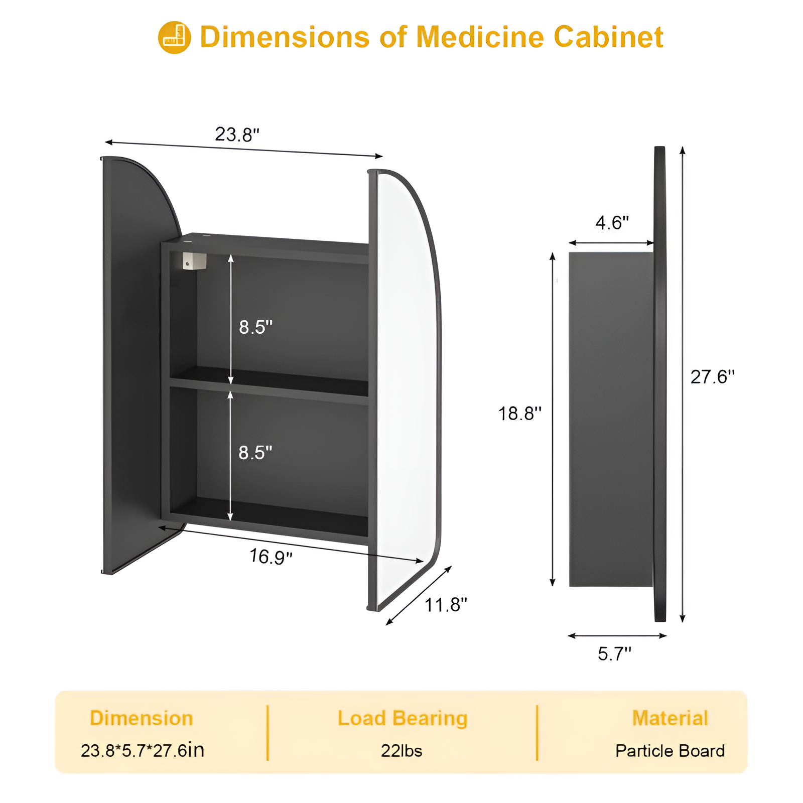 Arched Bathroom Mirror Cabinet with Black Frame & Dual Doors