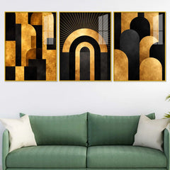 Art Deco Gold Abstract Acrylic Floating Frame Wall Painting Set of 3