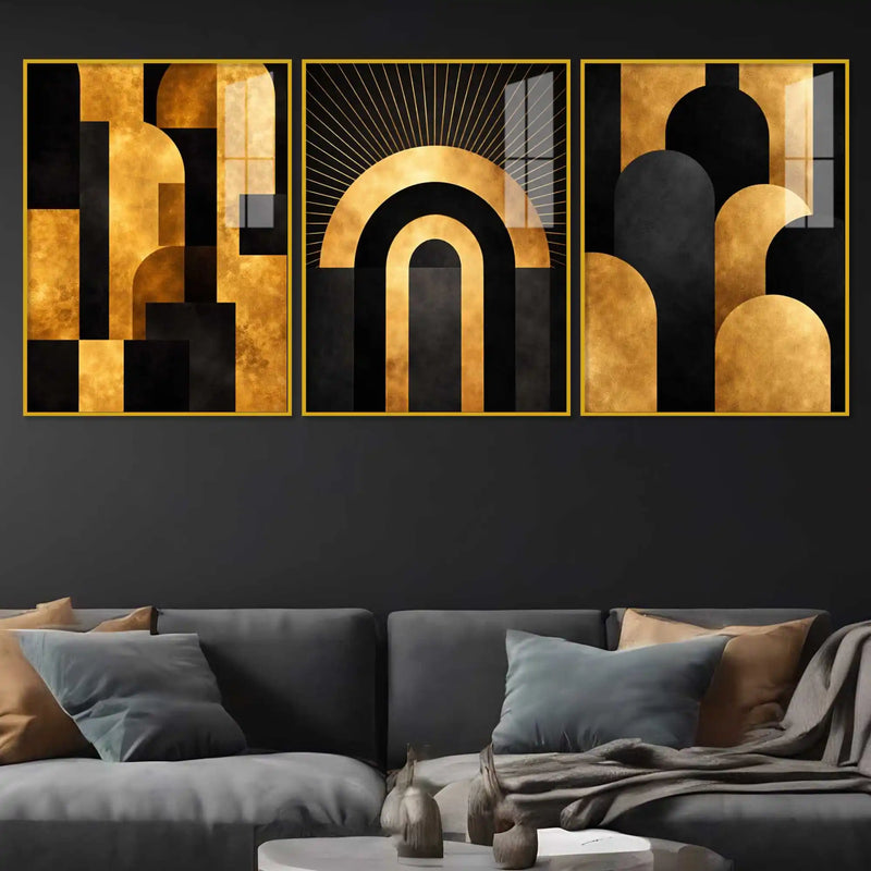 Art Deco Gold Abstract Acrylic Floating Frame Wall Painting Set of 3