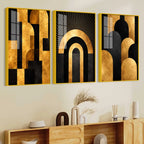 Art Deco Gold Abstract Acrylic Floating Frame Wall Painting Set of 3