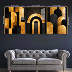 Art Deco Gold Abstract Acrylic Floating Frame Wall Painting Set of 3