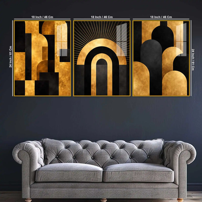 Art Deco Gold Abstract Acrylic Floating Frame Wall Painting Set of 3