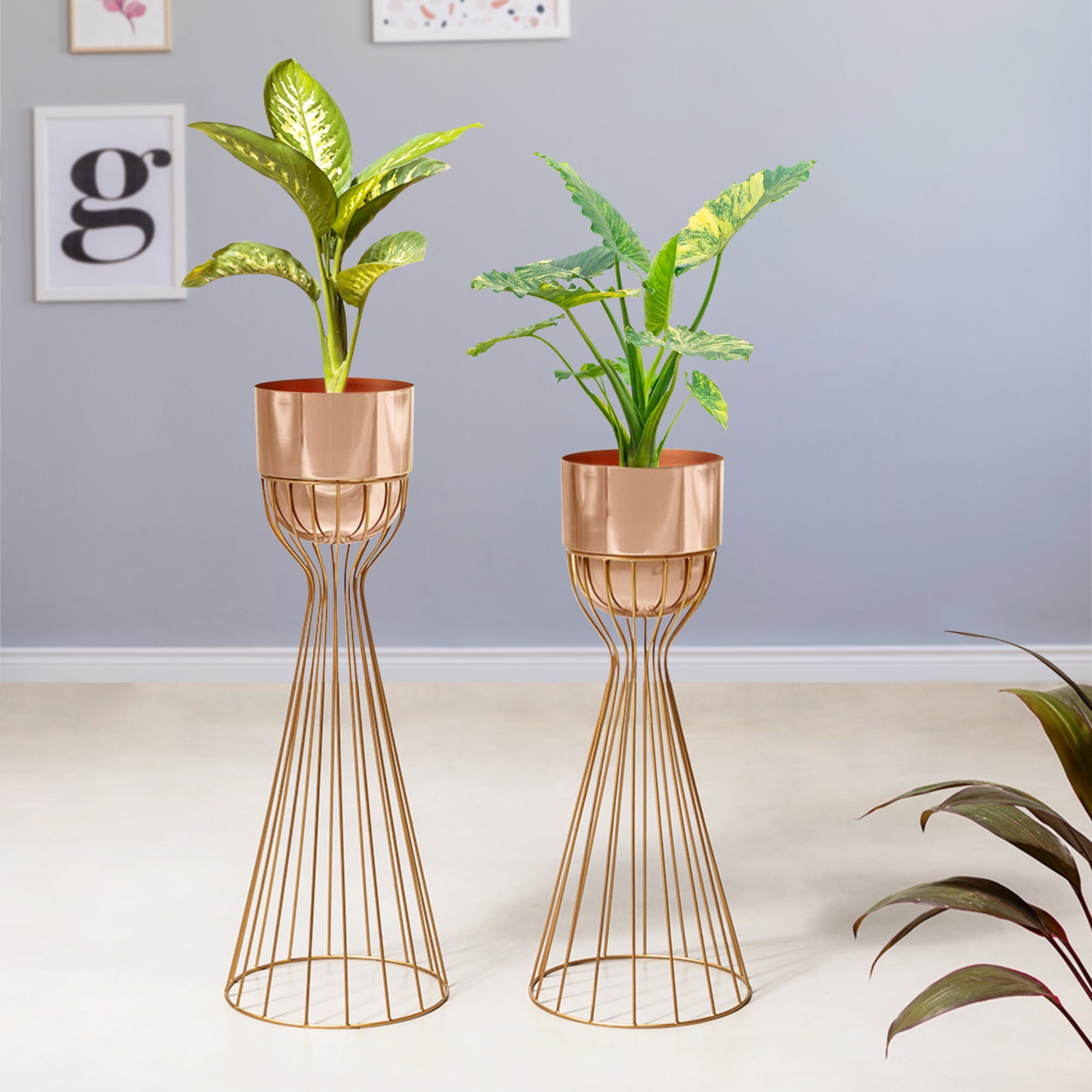 Artful Foliage Gold Stand & Ross Gold Pot Planters Set of 2