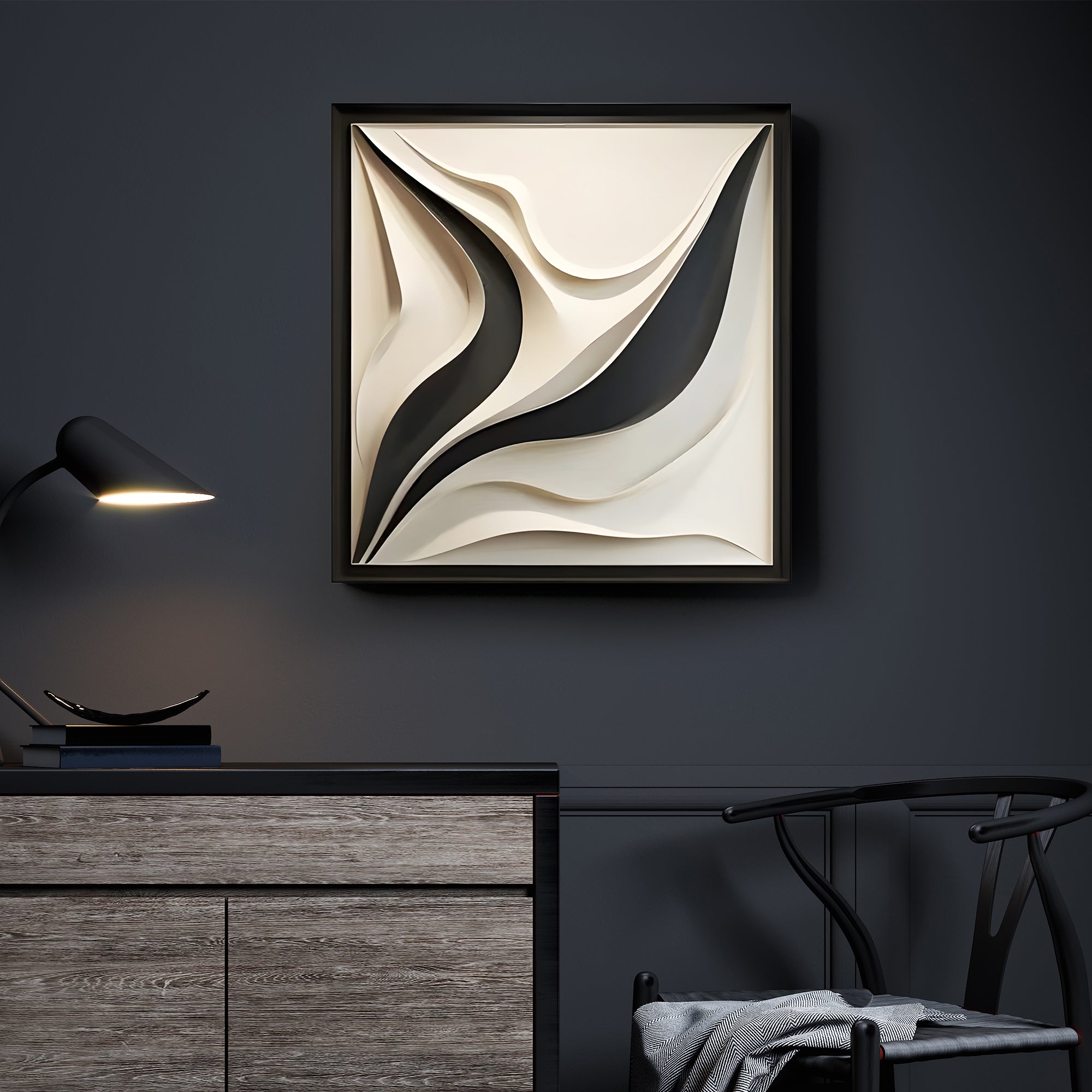 Artistic 3D Panel with Organic Wave Shapes in Monochrome Finish