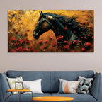 Artistic Black Horse Abstract Floral Canvas Wall Painting