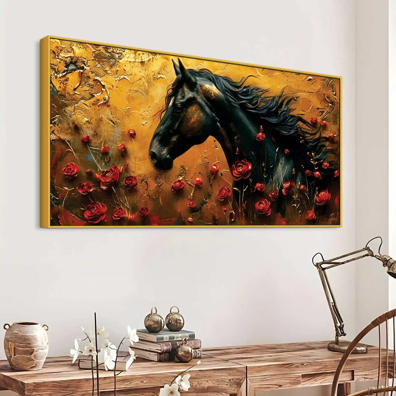 Artistic Black Horse Abstract Floral Canvas Wall Painting