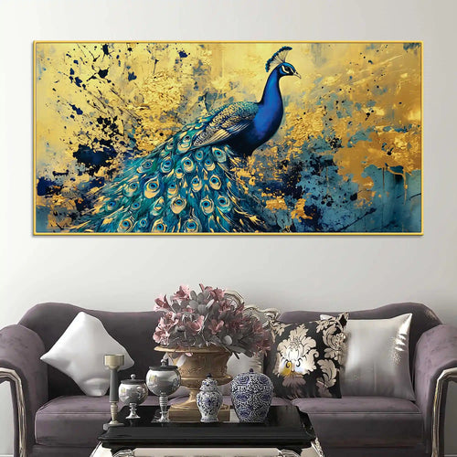 Artistic Blue Feathered Peacock Abstract Canvas Wall Painting