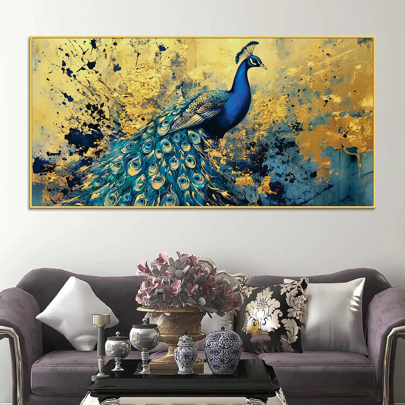 Artistic Blue Feathered Peacock Abstract Canvas Wall Painting