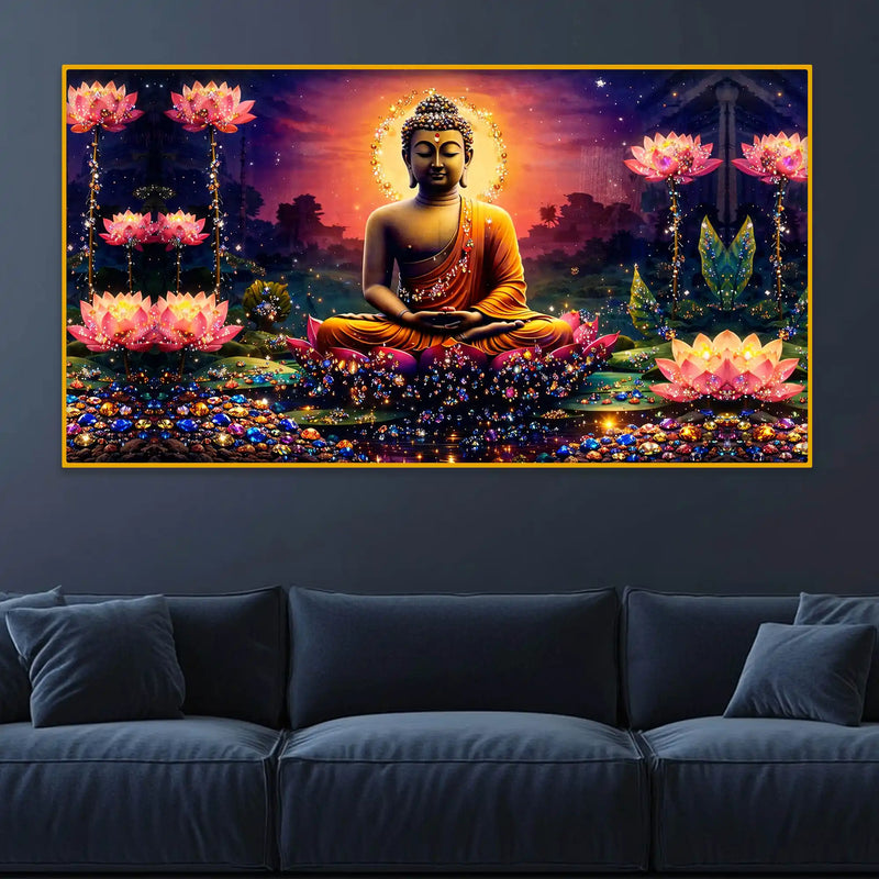 Artistic Buddha Lotus Crystal Glass Painting for Premium Wall Décor