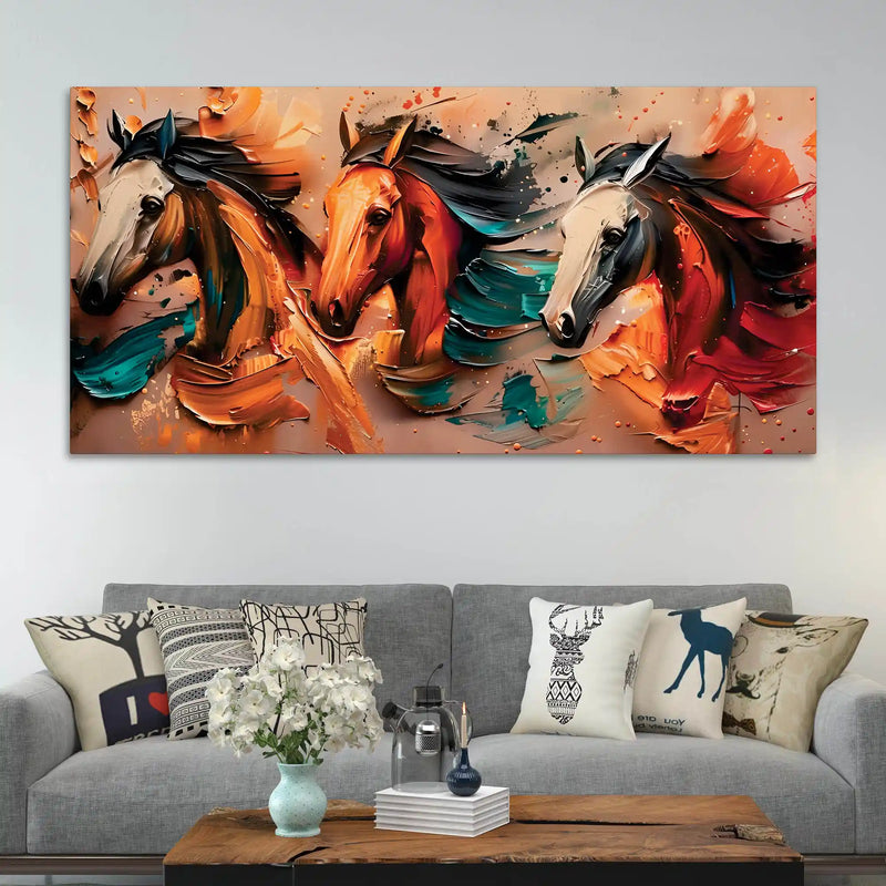 Artistic Colorful Three Horse Canvas Wall Art Painting