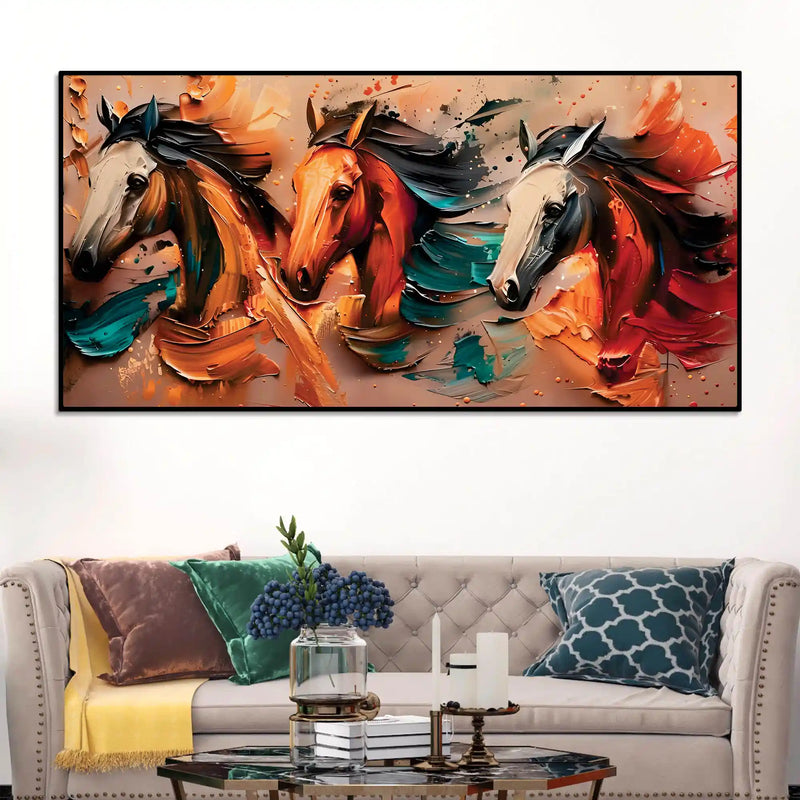 Artistic Colorful Three Horse Canvas Wall Art Painting