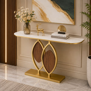 Artistic Console Table with White Marble Top and Leaf Inspired Base