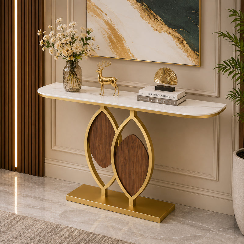 Artistic Console Table with White Marble Top and Leaf Inspired Base