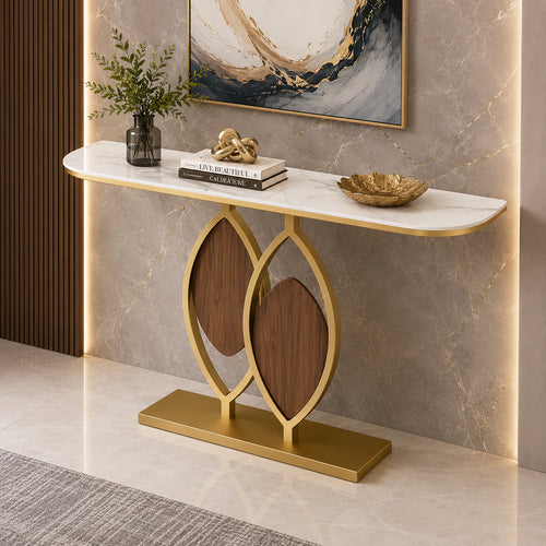 Artistic Console Table with White Marble Top and Leaf Inspired Base