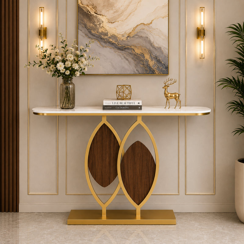 Artistic Console Table with White Marble Top and Leaf Inspired Base