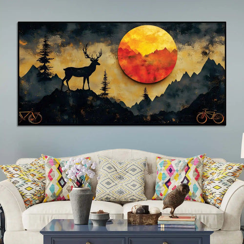 Artistic Deer Canvas Wall Art Sunset Mountain Painting