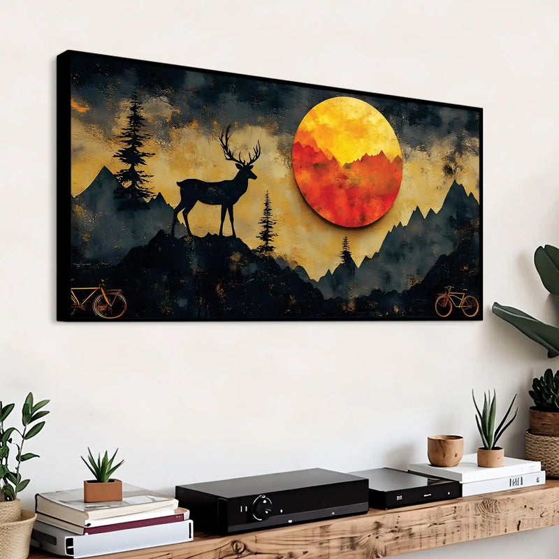 Artistic Deer Canvas Wall Art Sunset Mountain Painting