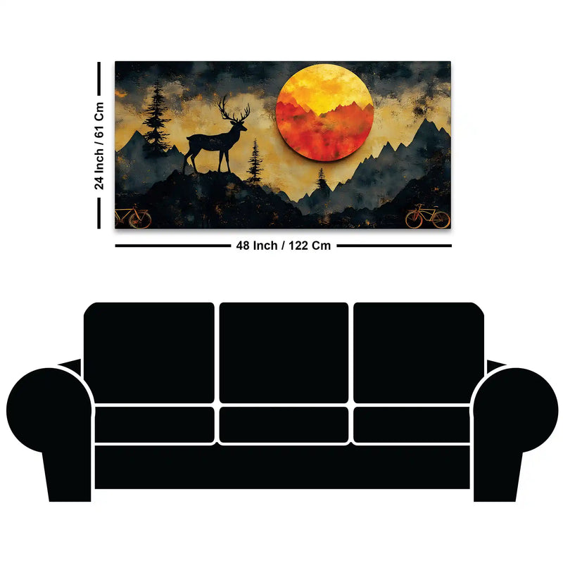 Artistic Deer Canvas Wall Art Sunset Mountain Painting