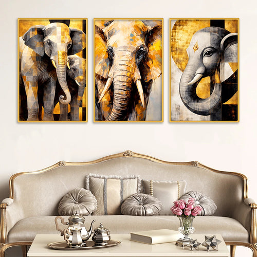 Artistic Elephant Face Canvas Wall Decor Painting Set of Three