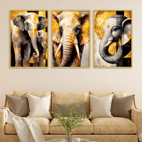 Artistic Elephant Face Canvas Wall Decor Painting Set of Three