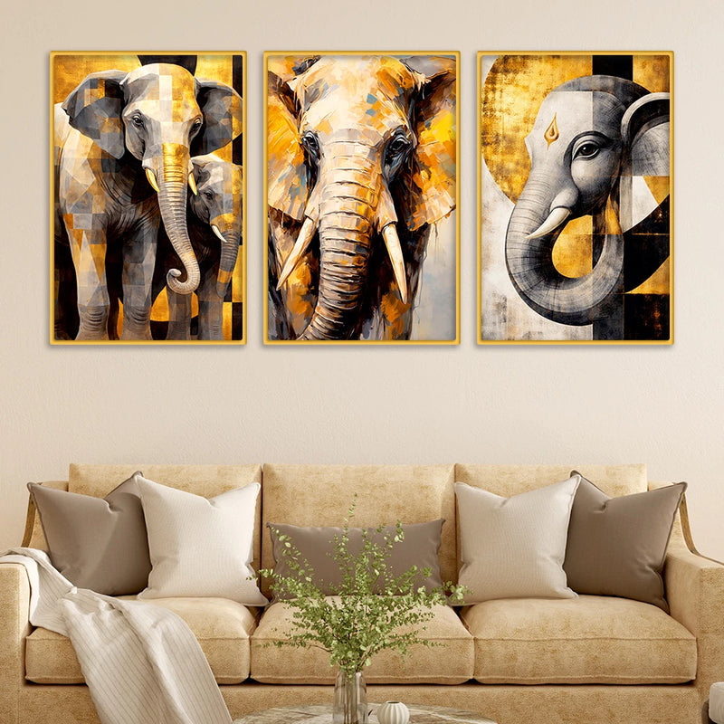 Artistic Elephant Face Canvas Wall Decor Painting Set of Three