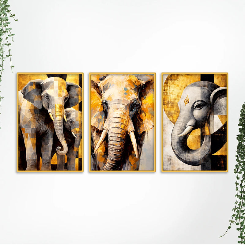 Artistic Elephant Face Canvas Wall Decor Painting Set of Three