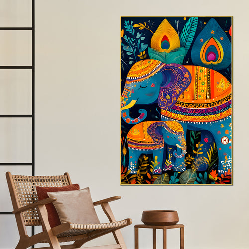 artistic-elephant-mother-baby-colorful-canvas-wall-painting