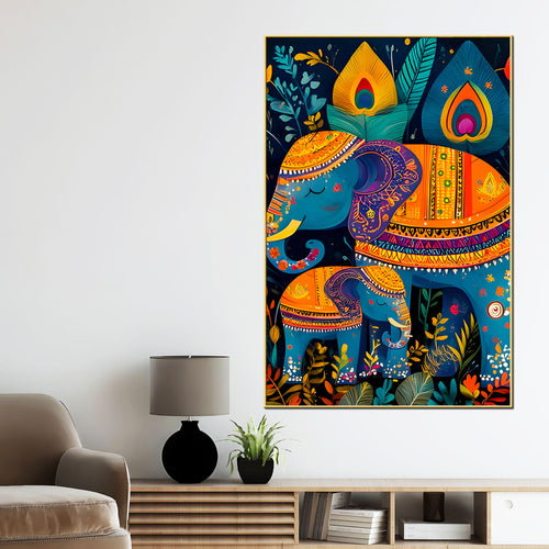 Artistic Elephant Mother & Baby Colorful Canvas Wall Painting