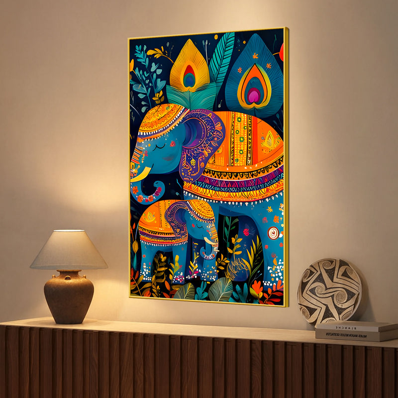 Artistic Elephant Mother & Baby Colorful Canvas Wall Painting