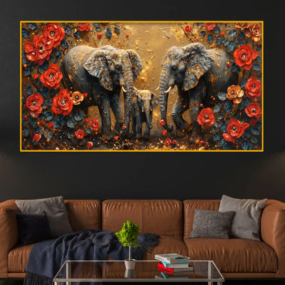 Artistic Floral Elephant Family Crystal Glass Wall Painting
