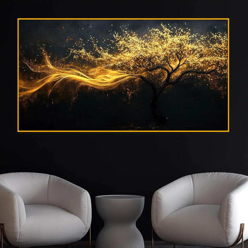 Artistic Golden Flow Tree Crystal Glass Wall Painting
