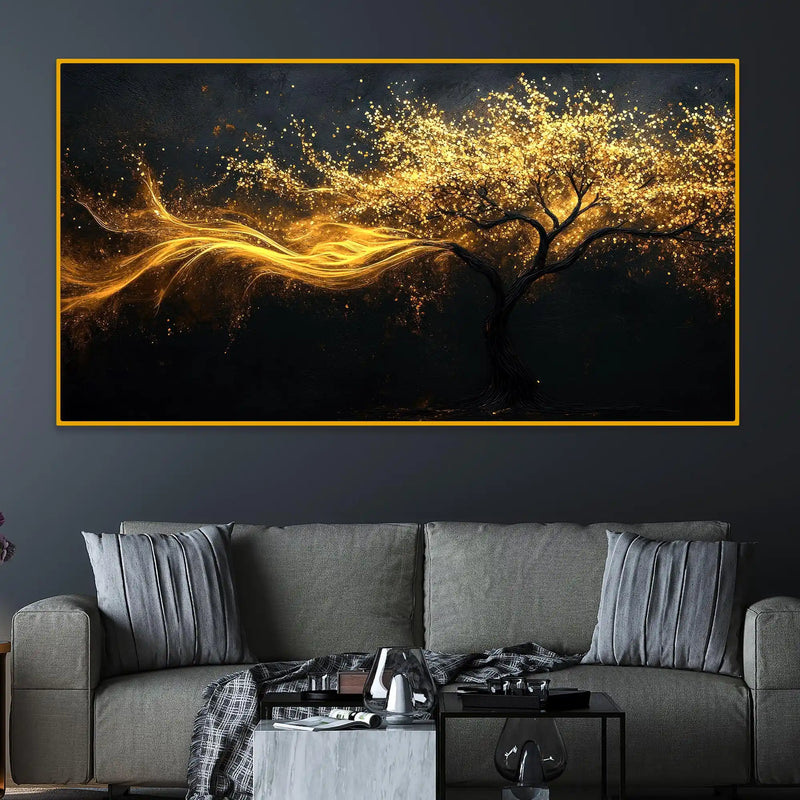 Artistic Golden Flow Tree Crystal Glass Wall Painting