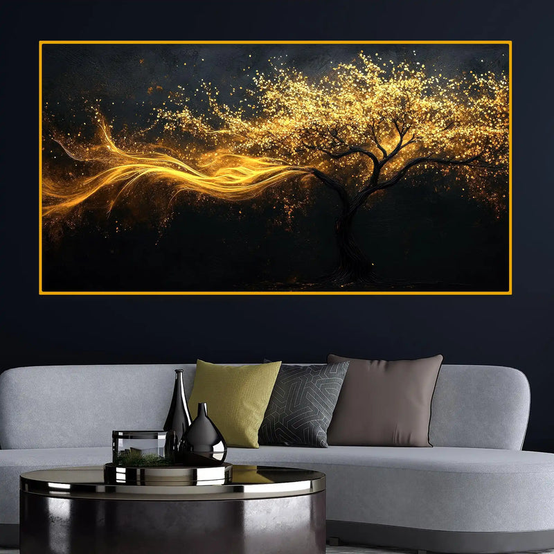 Artistic Golden Flow Tree Crystal Glass Wall Painting
