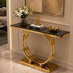 Artistic Golden Ring Metal Base Console Table with Glossy Marble Finish