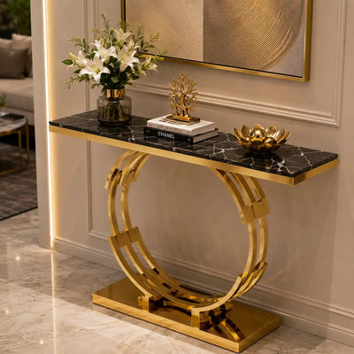Artistic Golden Ring Metal Base Console Table with Glossy Marble Finish