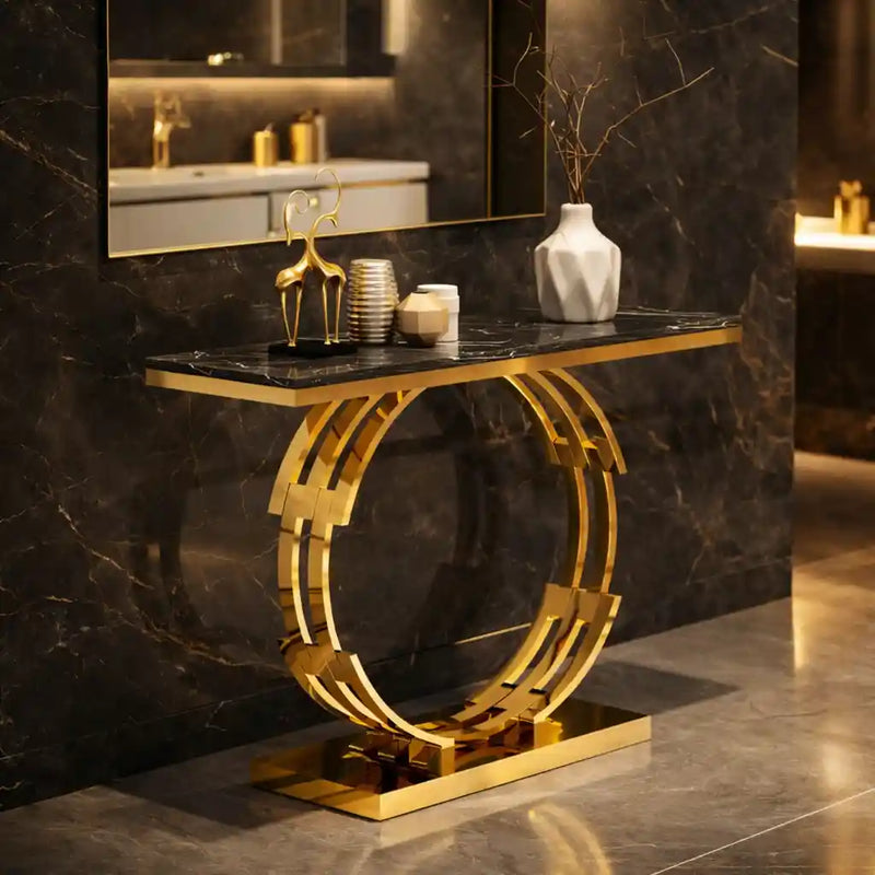 Artistic Golden Ring Metal Base Console Table with Glossy Marble Finish