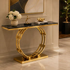 Artistic Golden Ring Metal Base Console Table with Glossy Marble Finish