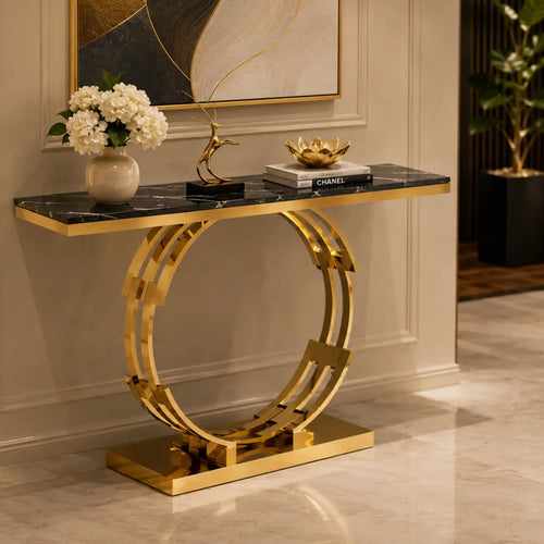 Artistic Golden Ring Metal Base Console Table with Glossy Marble Finish
