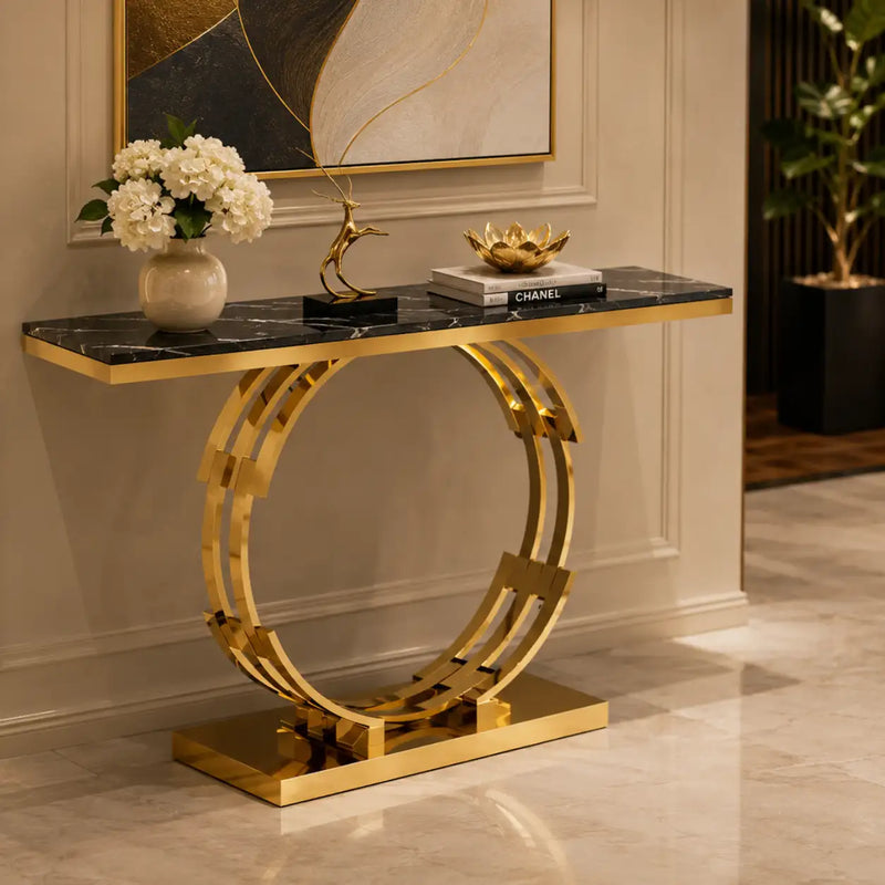 Artistic Golden Ring Metal Base Console Table with Glossy Marble Finish