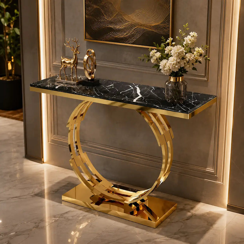 Artistic Golden Ring Metal Base Console Table with Glossy Marble Finish