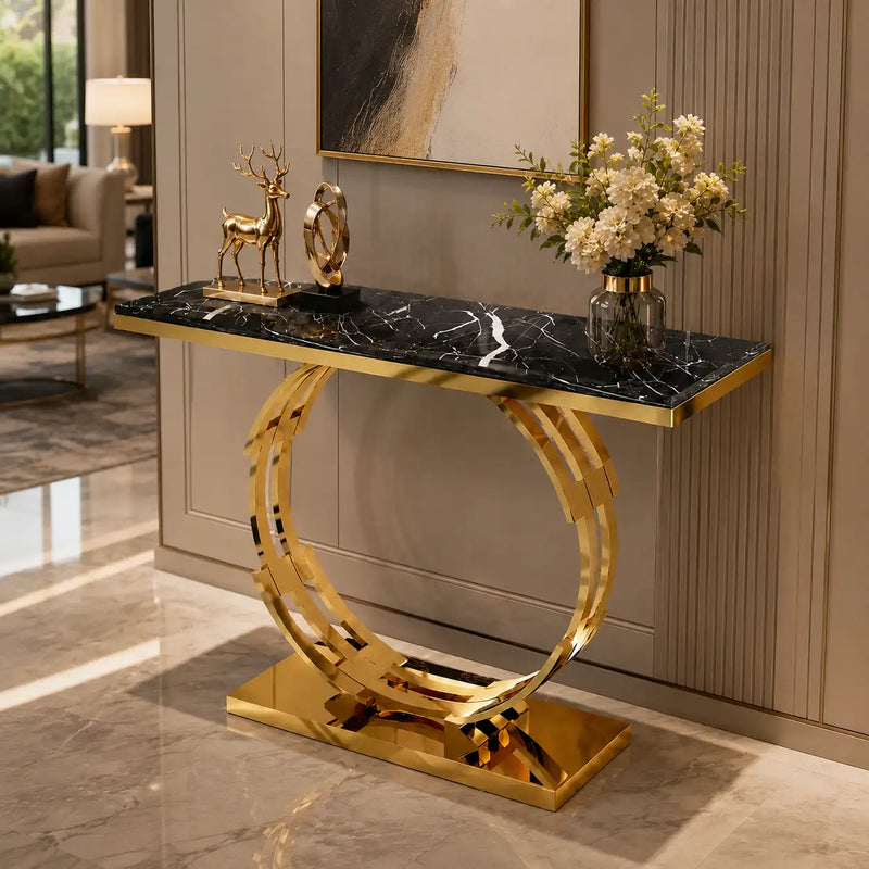 Artistic Golden Ring Metal Base Console Table with Glossy Marble Finish