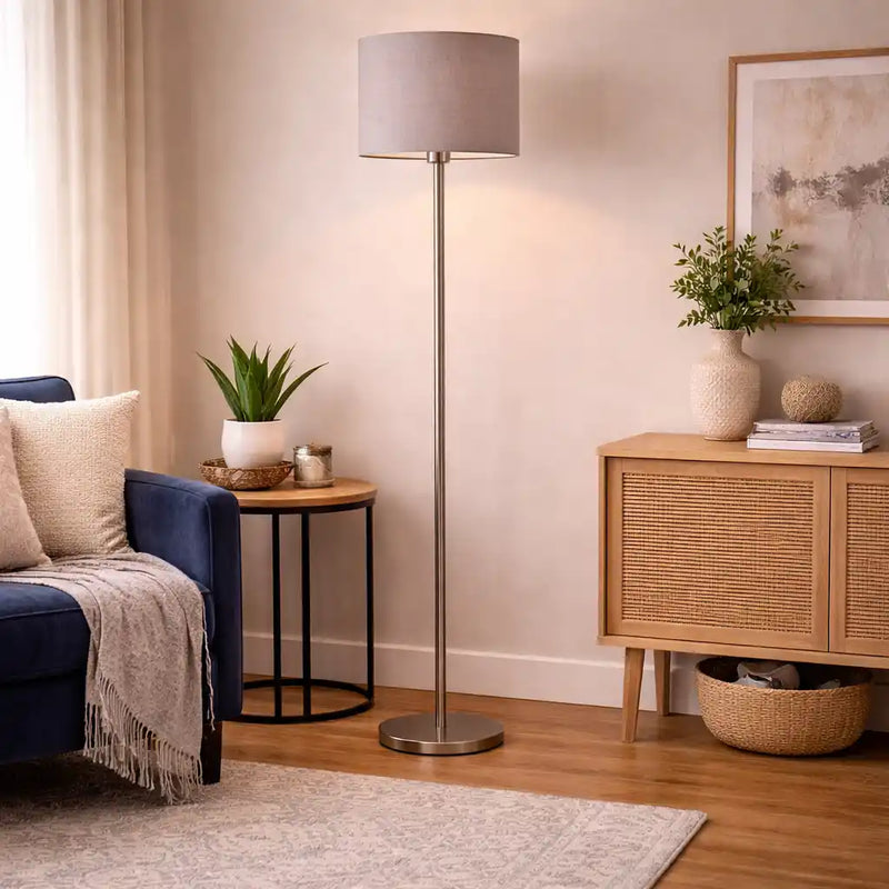 Artistic Grey Color Drum Shaped Designer Steel Floor Lamp