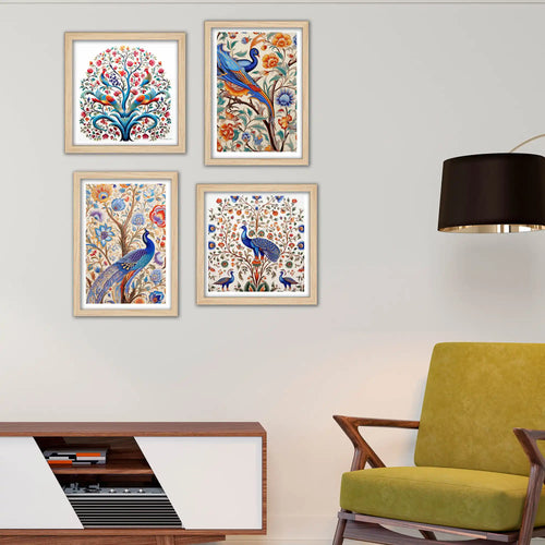 Artistic Indian Bird Wall Art Frame Set of 4