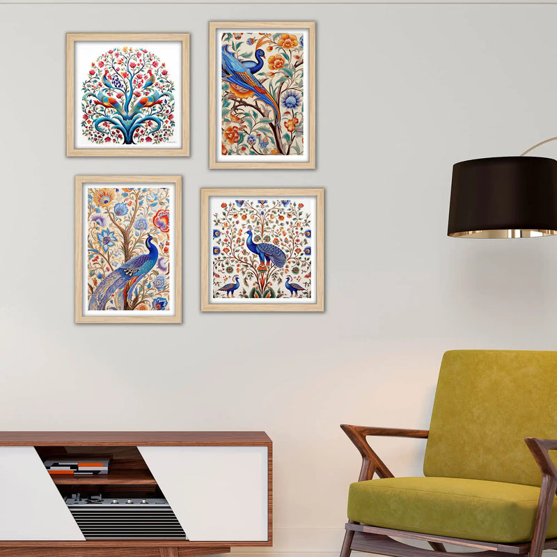 Artistic Indian Bird Wall Art Frame Set of 4