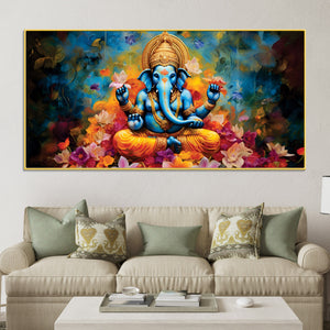 Artistic Lord Ganesha Sitting On Colorful Flowers and Giving Blessings Premium Canvas Wall Painting – Modern Spiritual Wall Decor