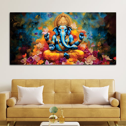 Artistic Lord Ganesha Sitting On Colorful Flowers and Giving Blessings Premium Canvas Wall Painting – Modern Spiritual Wall Decor