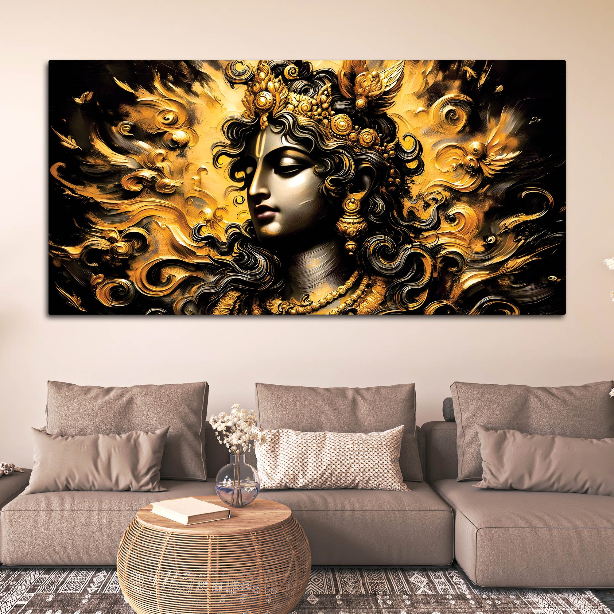 Artistic Lord Krishna Gold Effect Canvas Painting for Home Interiors