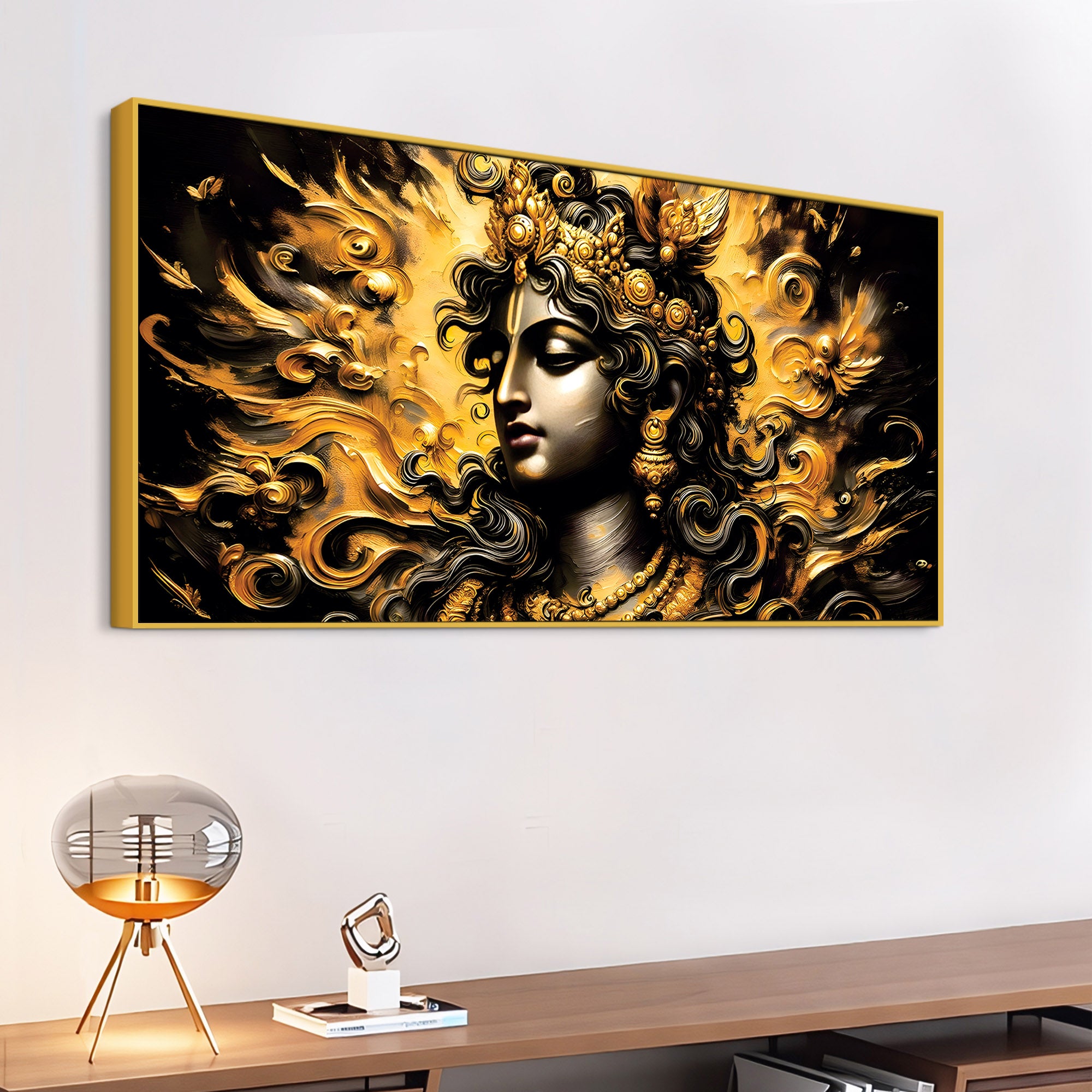 Artistic Lord Krishna Gold Effect Canvas Painting for Home Interiors